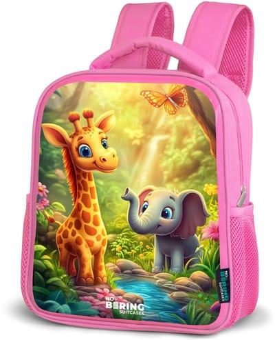 NoBoringSuitcases.com® - Rugzak roze - Schooltas meisjes - Giraf en olifant bij beekje in de Jungle - Kinder rugtas meisje - Boekentas kind - Kinderrugzak voor school - Schoolrugzak