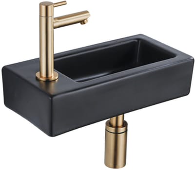 QeramiQ Fuente Fonteinset - 37.5x18.5x9cm - keramiek - kraangat links - fonteinkraan geborsteld messing - afvoerplug - verlaagd sifon - Mat Zwart