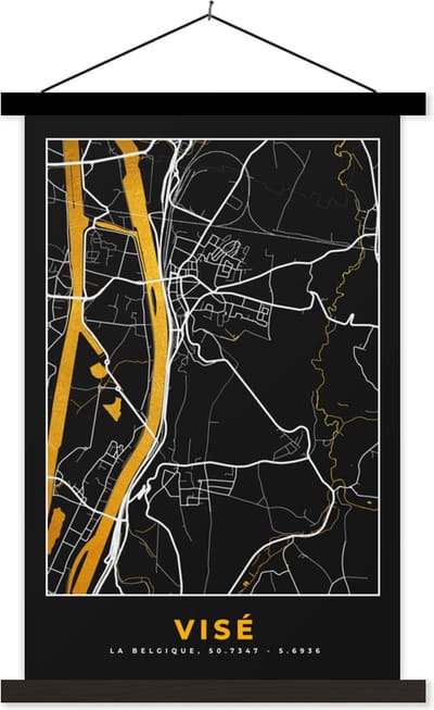 Posterhanger incl. Poster 40x60 cm - Schoolplaat - Plattegrond - Visé - Goud - Stadskaart - Kaart - Textielposter - Zwarte latten - Stadskaart