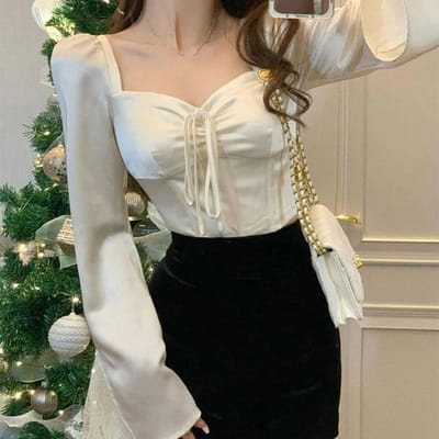 Vierkante Nek Lange Mouwen T-shirt Dames Blouse Hotsweet Sexy Hottie Slim Kant Wijde Mouw Retro Hofstijl Kantoor Dame Zomer XL abrikoos