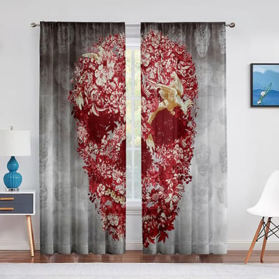 Schedel Bloemen Skelet Kleurrijke Bloemen Transparant Voile Gordijn voor Woonkamer Slaapkamer Drapage Keukenraam Chiffon Tule Gordijn 1 PCS W100XH250cm&Grommet Top