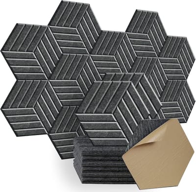 12 geluidsabsorberende panelen, zeshoekige geluidsdempende matten, zelfklevende geluidsabsorberende panelen van 14 inch × 12 inch × 0,4 inch, geschikt voor akoestische behandeling in opnamestudio's en woningen (sesamzwart)