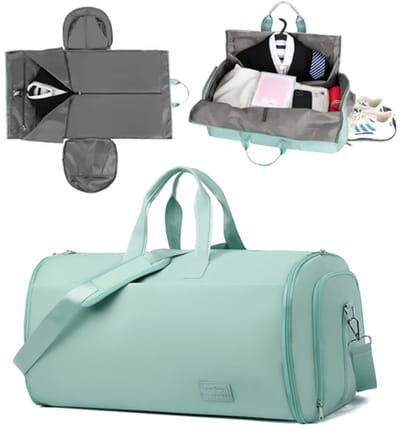 KZQ Reistas, 45L Grote Omvormbare Hangende Kledingzak en Weekender Tas voor Mannen en Vrouwen, 2 in 1 Sporttas met Schoenenvak, Waterdichte Lichtgewicht Handbagage met Trolley Sleeve, Groen