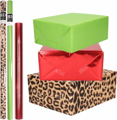 6x Rollen kraft inpakpapier pakket dierenprint/metallic rood en groen 200 x 70/50 cm/cadeaupapier/verzendpapier/kaftpapier