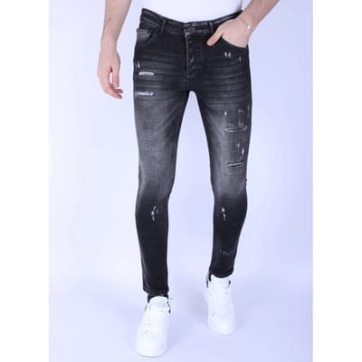 Jeans Heren - Spijkerbroek Heren Volwassenen - Heren Slim Fit Stone Wash Ripped Jeans met Gaten -1102 - Grijs