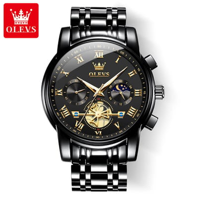 HO-2859.zw : Olevs zwart edelstaal heren horloge, quartz, zwarte wijzerplaat, chronografisch, stopwatch, secondenmolen & minuten & 24uurs/lunarfase subuurwerk