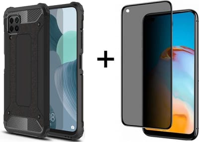 Hoesje Geschikt voor Huawei P40 Lite hoesje - Met Screenprotector Rugged Armor Hoesje - Shockproof case - Zwart