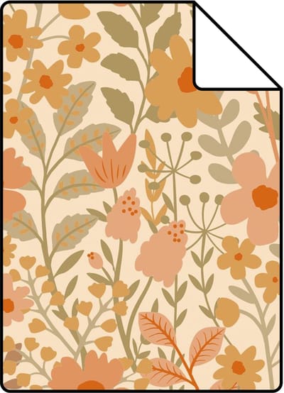 Proefstaal ESTAhome behang bloemetjes oranje, geel en groen - 26.5 x 21 cm - 131940-S