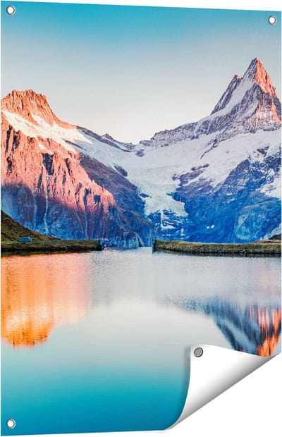 Gards Tuinposter Bergen Landschap bij het Meer - 60x80 cm - Tuindoek - Tuindecoratie - Wanddecoratie buiten - Tuinschilderij