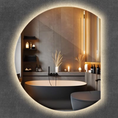Wallfluent LED Spiegel - Ronde LED Spiegel Afgesneden - 63 cm x 70 cm - Decoratieve Wandspiegel - Woonkamerspiegel – Badkamerspiegel – Halspiegel – Slaapkamerspiegel - Warm Wit 3000K - Make-up spiegel met verlichting - Moderne Spiegel