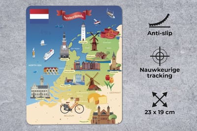 Muismat Kaart Nederland - Kaart met bezienswaardigheden in Nederland muismat rubber - 19x23 cm - Muismat met foto