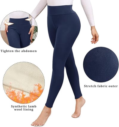 Thermische leggings voor dames, gevoerd, dikke thermische legging, wollige hoge taille, ondoorzichtig, sportlegging voor de winter, warme fleece legging , navy blauw , maat S