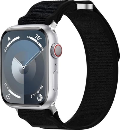 Nylon bandje - geschikt voor Apple Watch 1/2/3/4/5/6/7/8/9/10/11/ SE (1,2,3) met maat 38 mm / 40 mm / 41 mm en 42 mm (Watch 10/11) - zwart