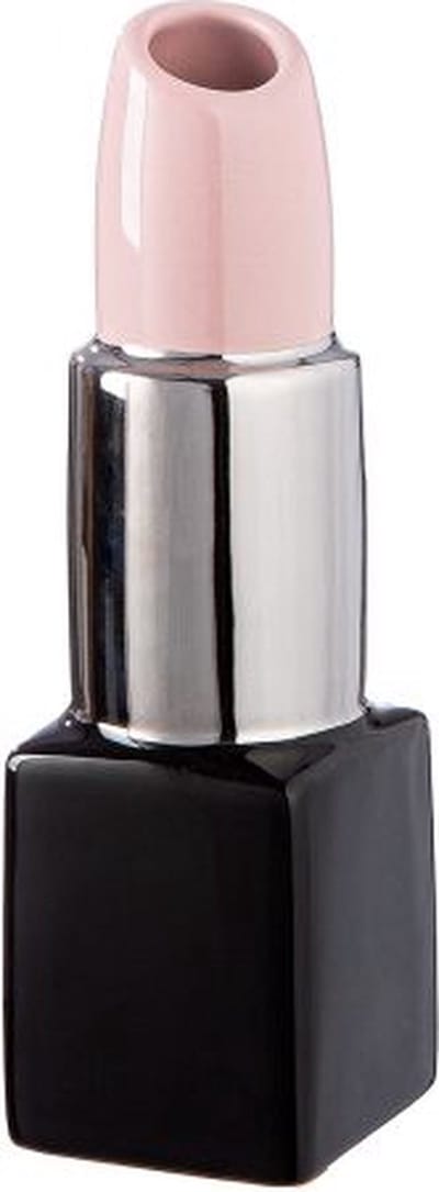 Gilde Handwerk - Vaas - Lipstick - Lippenstift Vaas - Zwart - Roze - Zilver - Keramiek - 20x6 cm