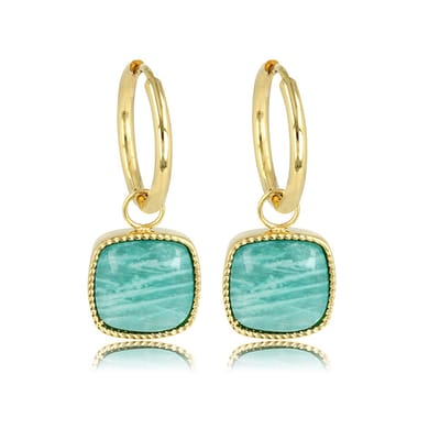 My Bendel - Oorbel Goudkleurig Amazonite 38mm - Goudkleurige Oorring met Amazonite Edelsteen 38mm - met Luxe Cadeauverpakking | Sieraden Voor Dames