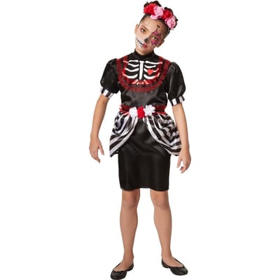 dressforfun - Griezelige skeletdame 104 (3-4y) - verkleedkleding kostuum halloween verkleden feestkleding carnavalskleding carnaval feestkledij partykleding - 301985