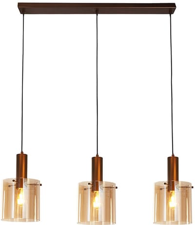Searchlight Moderne Hanglamp E27 Lund 3 Lichtpunten Rechthoek Amber/Koffie Glas Eetkamer Keuken Dimbaar
