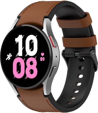 By Qubix - leer + siliconen bandje 20mm - Maat: small - Bruin - Geschikt voor Samsung Galaxy Watch 7 (40 & 44mm) - Galaxy Watch FE - Galaxy Watch 6 - Galaxy Watch 6 Pro - Galaxy Watch 5 - 5 Pro - Galaxy Watch 4 - 4 Classic