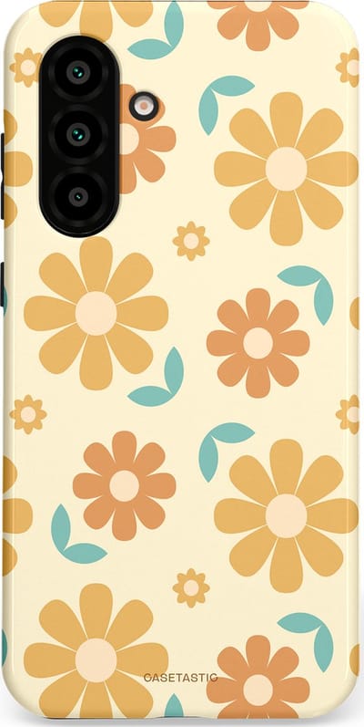 Casetastic hoesje geschikt voor Samsung Galaxy A36 / Samsung Galaxy A56 - Dubbellaagse bescherming - Flower power Retro Bloemen - Geel - Oranje - Blauw - Fashion Case - Crème Goud Perzik