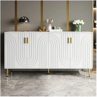 Wit dressoir met uniek golfdesign, gouden handgrepen en poten, MDF, voor een elegante eetruimte (152x40x75 cm)