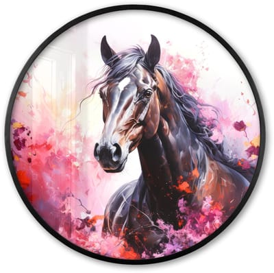 Poster in lijst Rond - Fotolijst 60x60 cm - Posters - Paard - Dieren - Meisje - Roze - Ronde posterlijst zwart - Decoratie - Wanddecoratie woonkamer - Muurdecoratie slaapkamer