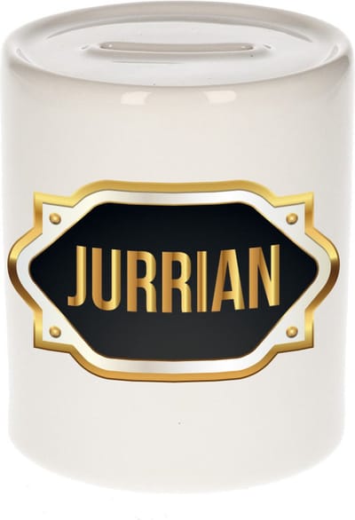 Spaarpot met voornaam Jurrian - wit - met goud/zwart embleem - 8 x 9 cm - keramiek - met afsluitdop - cadeau verjaardag