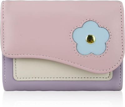 Zachte leren trifold portemonnee voor dames met bloemenprint, 6 kaartvakken, contant geld vak en ID-venster, roze, compact en stijlvol ontwerp, 12*9*3 cm
