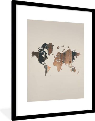 Poster in lijst - Fotolijst 60x80 cm - Posters - Wereldkaart - Hout - Bruin - Posterlijst zwart - Decoratie - Wanddecoratie woonkamer - Muurdecoratie slaapkamer
