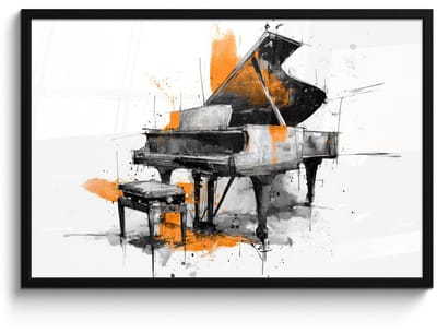 Poster in lijst - Fotolijst 90x60 cm - Posters - Piano - Oranje - Zwart - schets lijnen - Posterlijst zwart - Decoratie - Wanddecoratie woonkamer - Muurdecoratie slaapkamer