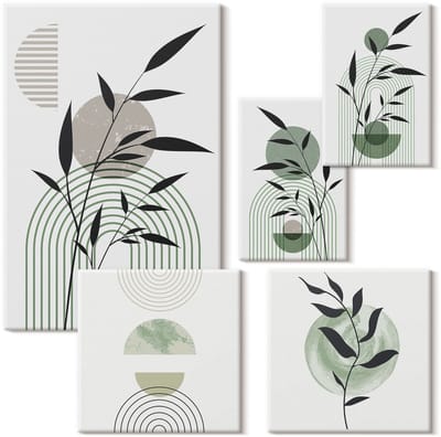 Wallfluent Set van canvas schilderijen - Stijlvolle graphics met plantenmotieven en geometrische vormen Canvas Schilderijen Set - Set van 5 Canvas Schilderijen - Groente Set van Canvas Prints - Natuur Canvas Kunst Set - Boheemse Canvas Kunst Set