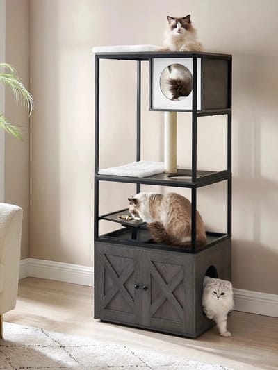 Kifarah Krabpaal - 3 in 1 - Kattenbak - Klimboom - Voor Katten- Krabplank - Dierenhuis - 61 x 50 x 146 cm - Zwart - Krabton