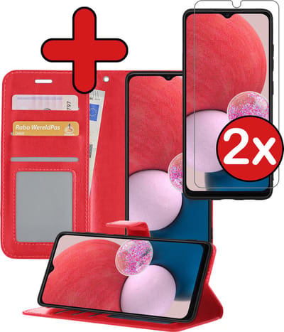 Hoesje - Met 2x Screenprotector - Geschikt voor Samsung Galaxy A13 4G - Luxe Pasjeshouder - Flip Case - Bookcase Portemonee - Kunstleer Book Case - Flipcase Hoes - Book Cover - Walletcase - Portemonneehoes - Telefoonhoes - Rood