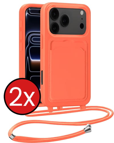 Hoesje Geschikt voor iPhone 17 Pro Max / 18 Pro Max Hoesje Met Telefoonkoord en Pasjeshouder Siliconen - Hoes Geschikt voor iPhone 17 Pro Max / 18 Pro Max Hoesje Met Kaarthouder Case - Papaya - 2 PACK