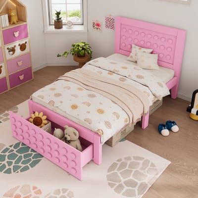 MODFU Eenpersoonsbed 90x200 cm – Blokdesign met opberglade & 26 cm opbergruimte – Roze – MDF/massief hout – Kindermeubel