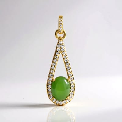 Cavill - Zilveren Hanger 925 Sterling Zilver Goudverguld - Canadese Jade 1 87ct Ovaal Cabochon - 41 Tanzaniaanse Zirkonia 0 58ct