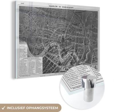 MuchoWow® Glasschilderij 60x40 cm - Schilderij acrylglas - Plattegrond - Haarlem - Zwart Wit - Foto op glas - Schilderijen - Stadskaart