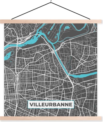 Posterhanger incl. Poster 40x40 cm - Schoolplaat - Frankrijk - Plattegrond - Stadskaart - Villeurbanne - Kaart - Textielposter - Blanke latten - Stadskaart