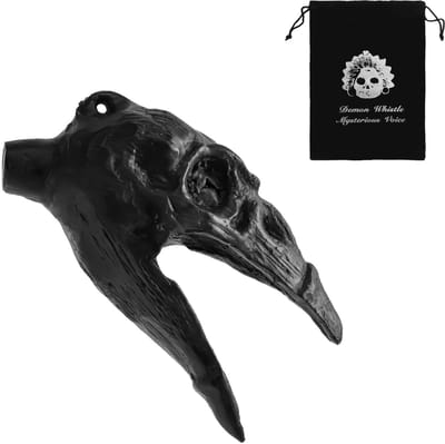 Dailygoods- Doodsfluit 125 dB - Azteekse Oorlogsfluit - Keramiek - Trekkoordtas 14,5x19,5cm - Lanyard 40cm - Verzamelobject Halloween - Fluit