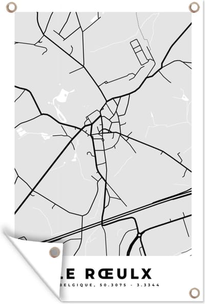 Muurdecoratie Plattegrond – Le Rœulx – Zwart Wit – Stadskaart - Kaart - 120x180 cm - Tuinposter - Tuindoek