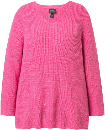 Ulla Popken - Dames - Trui geribbeld breisel pailletten V-hals lange mouw - Roze - Maat 42+