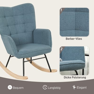 Schommelstoel Fauteuil Met Berbervliesoptiek En Armleuningen Voor Woonkamer En Slaapkamer Van Hout En Metaal Lichtblauw