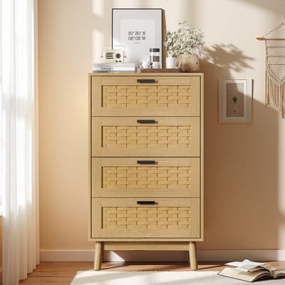 Houten Ladekast met 4 Lades – Commode Opbergkast in Houtlook – Smalle Kast voor Slaapkamer/Woonkamer/Hal – 55×40×95 cm