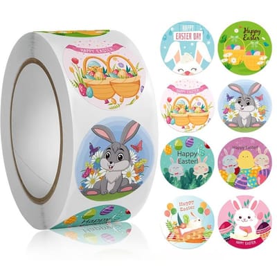 500 stuks Stickers met Paashaas- en Ei-ontwerp Zelfklevend Papier Decor voor Cadeaus, Zakjes en Feestversieringen, Feestelijke Vakantiestickers white