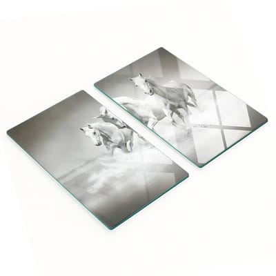 Twee decoratieve snijplanken van gehard glas met witte paardenmotief, 2x30x52 cm