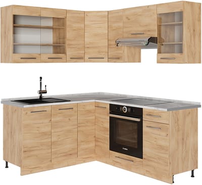 Vicco Hoekkeuken Fame-Line, Goudkleurig Eiken/Goudkleurig Eiken, 190 x 160 cm, WB Marmer