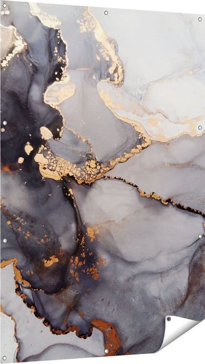 Gards Tuinposter Abstracte Kunst - Grijze Marmer met Goud - 100x150 cm - Tuindoek - Tuindecoratie - Wanddecoratie buiten - Tuinschilderij