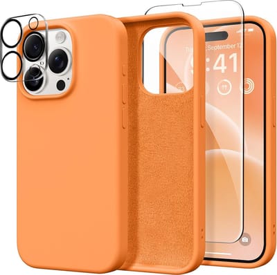 Stravo Siliconen Hoesje geschikt voor iPhone 15 Pro , Oranje, Met 1X Screenprotector + 1X Cameralensbeschermer, [Zachte Krasbestendige Microvezelvoering], Vloeibare Siliconen Schokbestendige Beschermende Telefoonhoes 6.1"