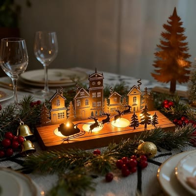 Famanu - Adventskandelaar met houten dienblad, 4 theelichtjes, metalen kerstdecoratie