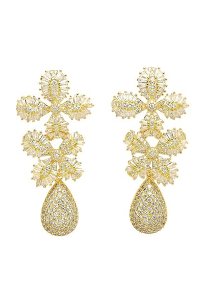AVANT-GARDE PARIS Diva Cubic Zirconia Oorbellen - Dual Flower Drop - 1 stuk - Goudkleurig met sprankelende stenen