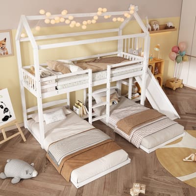 DESMIU Stapelbed 90x200 cm – Drie Slaapplaatsen Met Glijbaan En Ladder – Opbergruimte Boven – Voor Kinderkamer – Hout En MDF – Wit – Zonder Matras